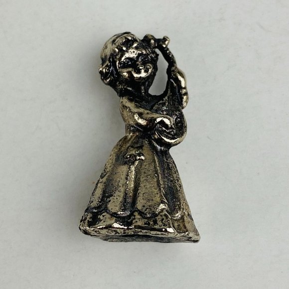 Pewter Miniature Girl in Dress Playing Ukulele Musical Music Instrument Figure - Picture 1 of 6